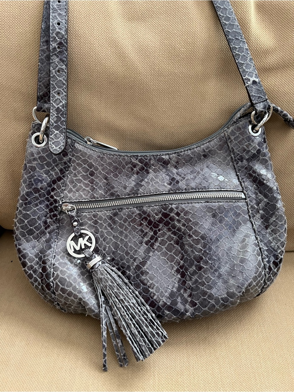 MICHAEL Michael Kors Gray Snake-Print Leather Shoulder Bag with Tassel